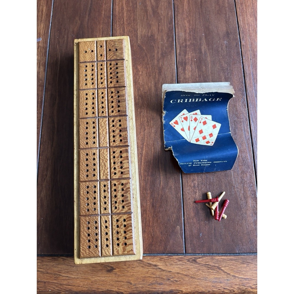 Vintage Wooden Cribbage Board 3 Track Wood Pegs 1922 Hoyle Rules Booklet
